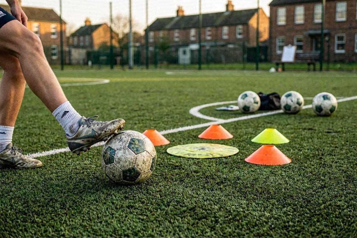 لاعب كرة قدم يستعد لاستخدام القدم غير المفضلة أثناء تدريب مهاري.