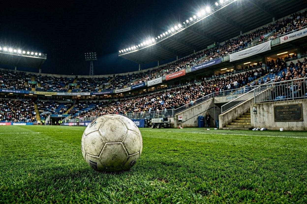 ملعب كرة قدم عالمي يرمز إلى تاريخ هدافي كأس العالم والأرقام القياسية.
